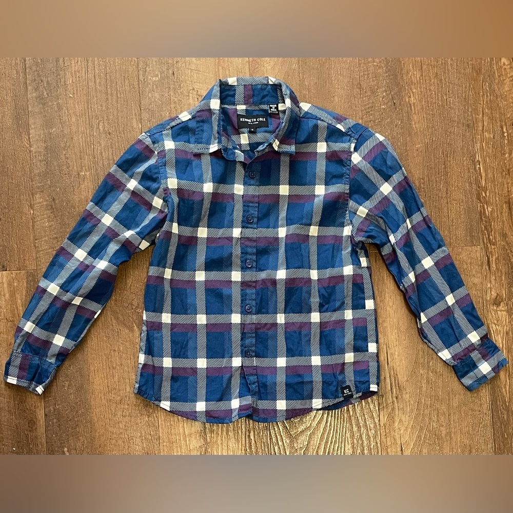 Kenneth Cole blue purple white plaid boys button down shirt size 6